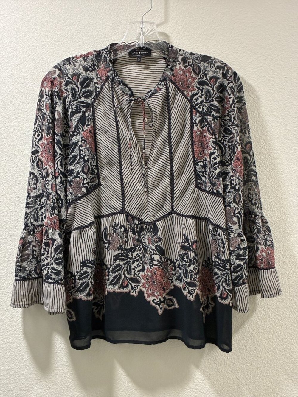 Lucky Brand Boho Sheer Mixed Print Bell Sleeve Blouse Top Black Multi L EUC